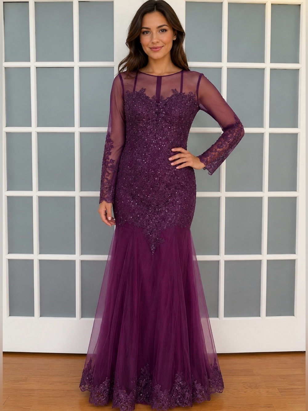 Hebeos Purple Long Sleeve Maxi Mermaid Gown with Train Size S